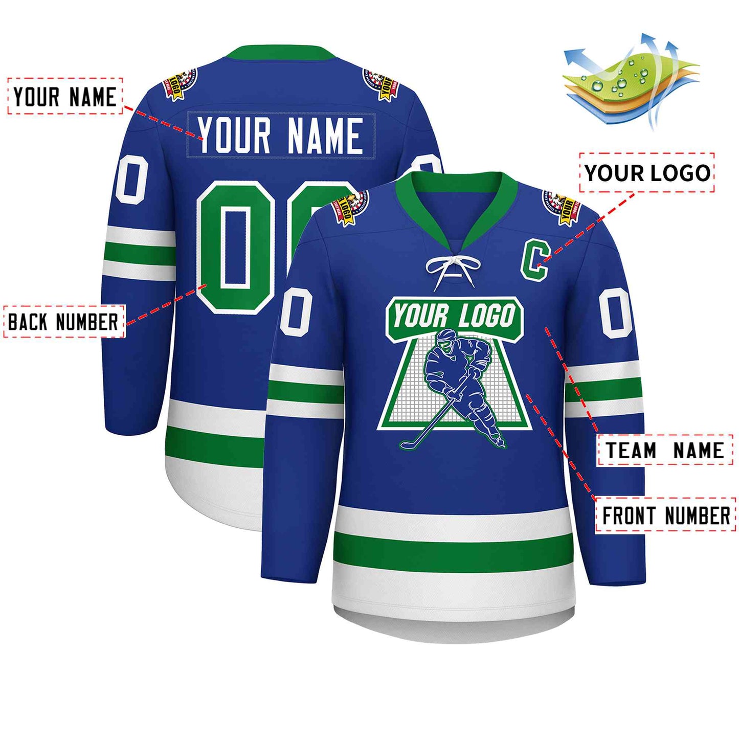Custom Royal Kelly Green-White Lace-Up Neck Hockey Jersey Limited