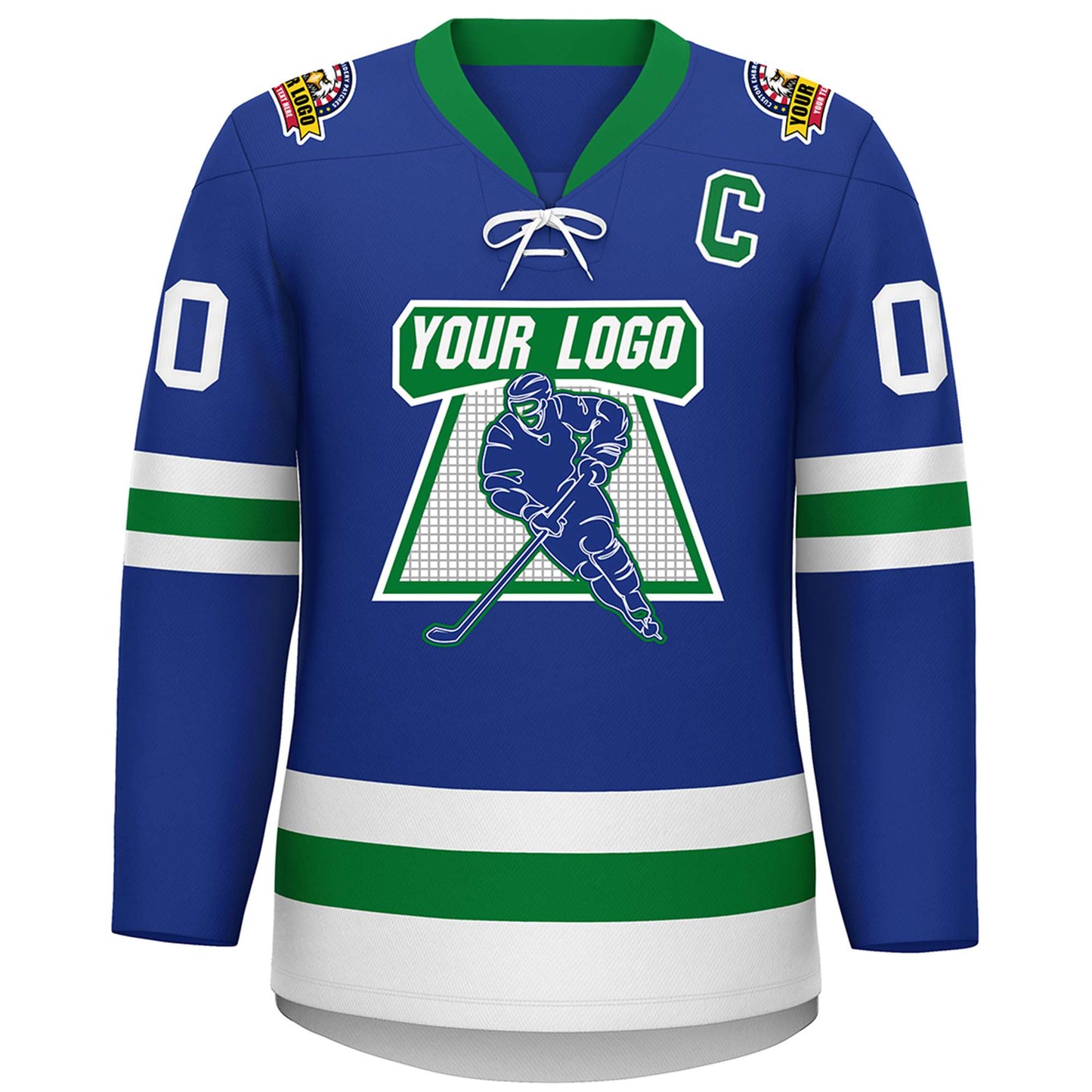 Custom Royal Kelly Green-White Lace-Up Neck Hockey Jersey Limited
