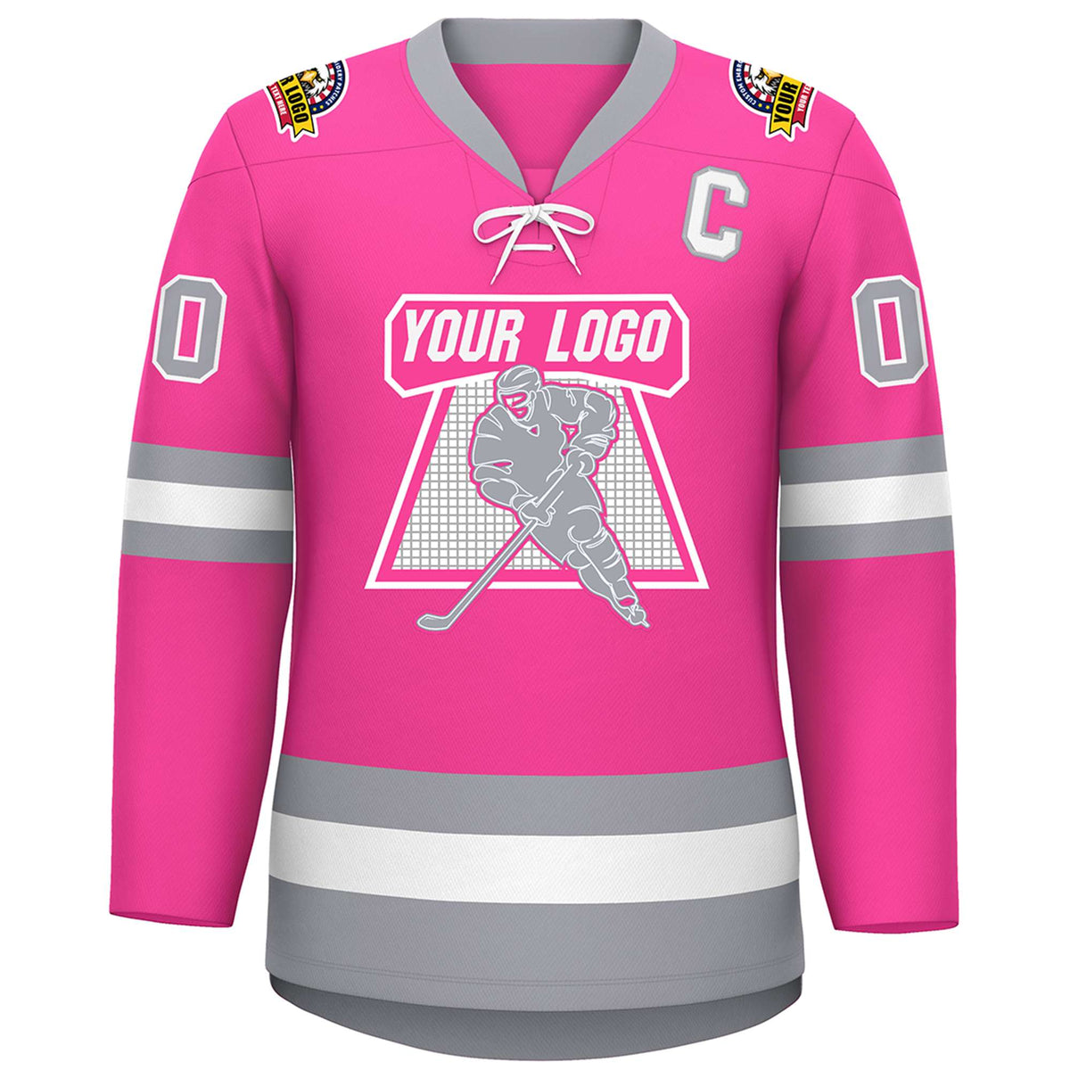 Custom Pink White-Gray Lace-Up Neck Hockey Jersey Limited