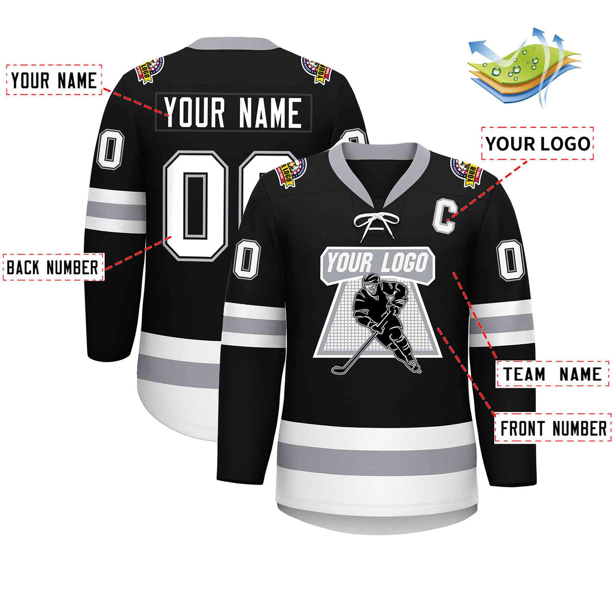 Custom Black White-Gray Lace-Up Neck Hockey Jersey Limited