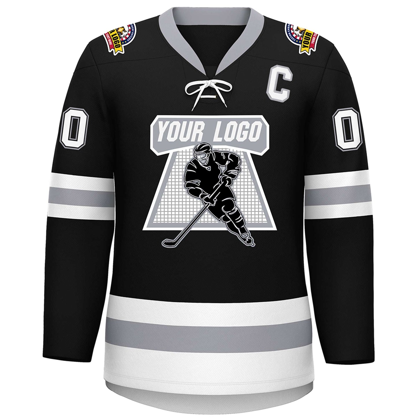 Custom Black White-Gray Lace-Up Neck Hockey Jersey Limited