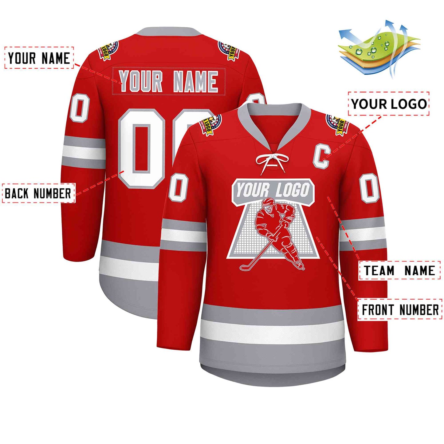 Custom Red White-Gray Lace-Up Neck Hockey Jersey Limited