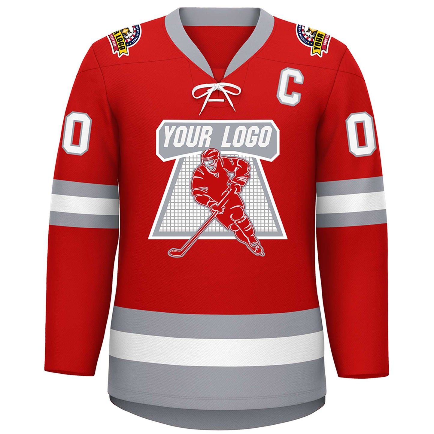 Custom Red White-Gray Lace-Up Neck Hockey Jersey Limited