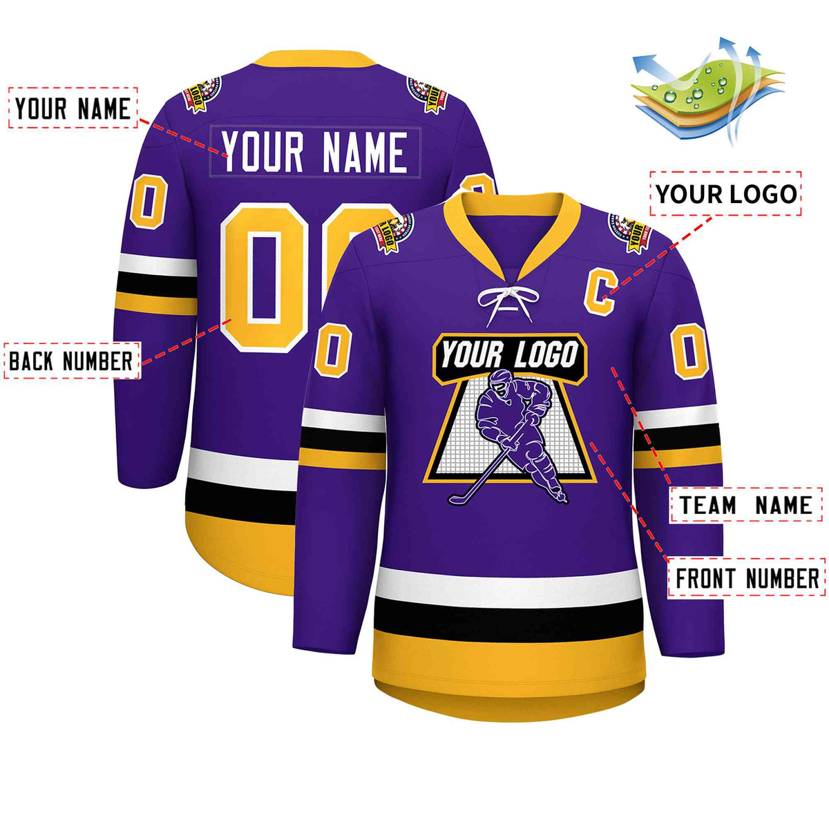 Custom Purple Gold-White Lace-Up Neck Hockey Jersey Limited