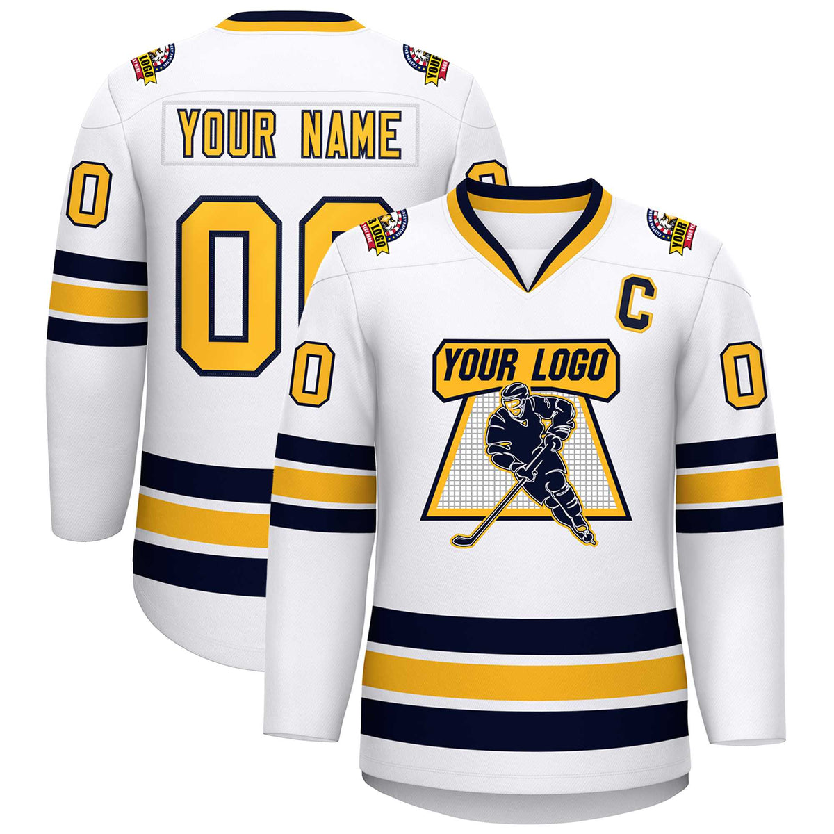 Custom White Gold-Navy Classic Style Hockey Jersey