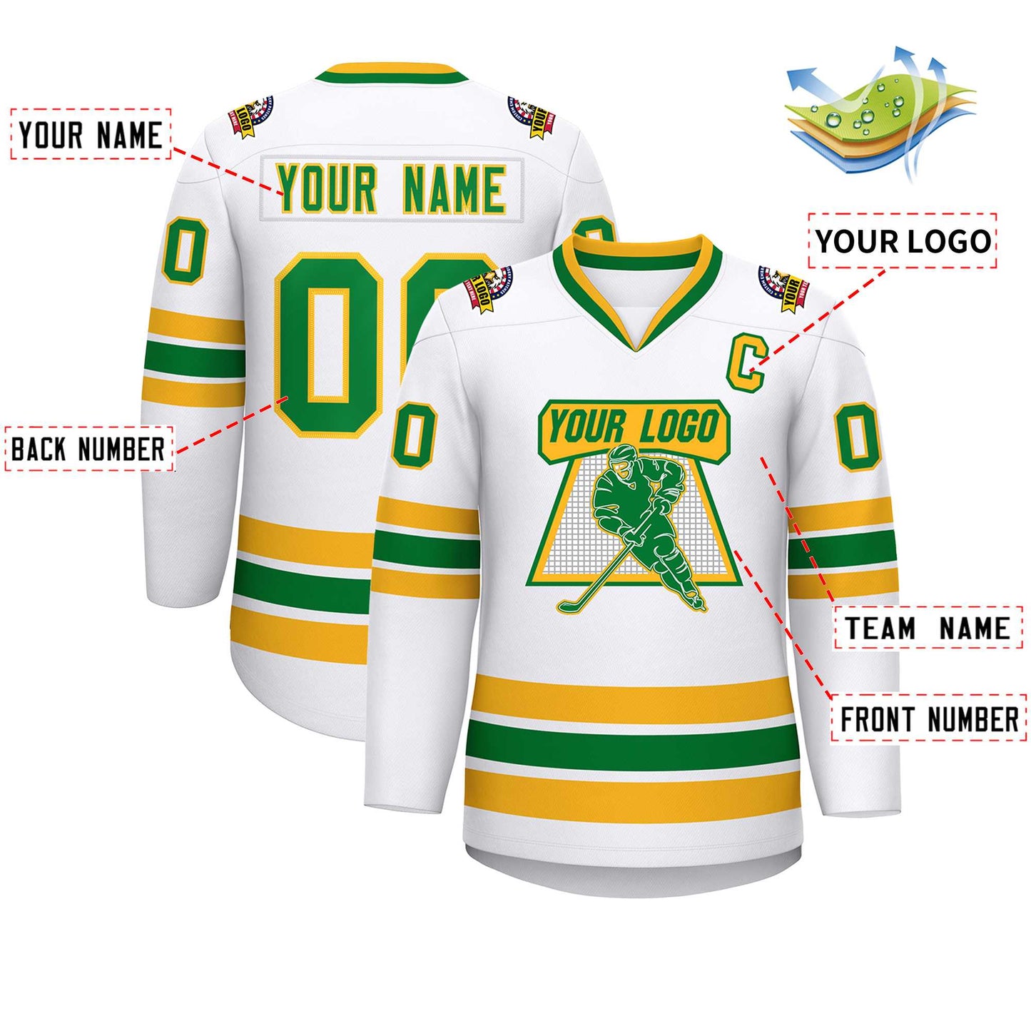 Custom White Kelly Green-Gold Classic Style Hockey Jersey Limited