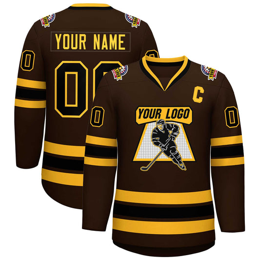 Custom Brown Black-Gold Classic Style Hockey Jersey