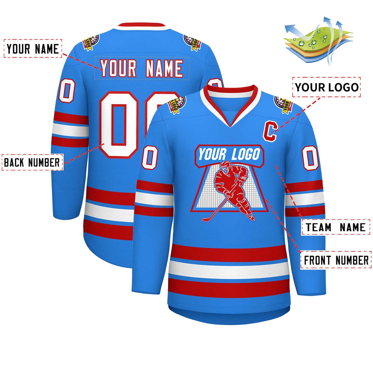 Custom Powder Blue White-Red Classic Style Hockey Jersey Limited