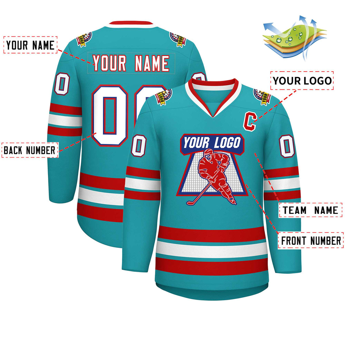 Custom Aqua White Royal-Red Classic Style Hockey Jersey Limited