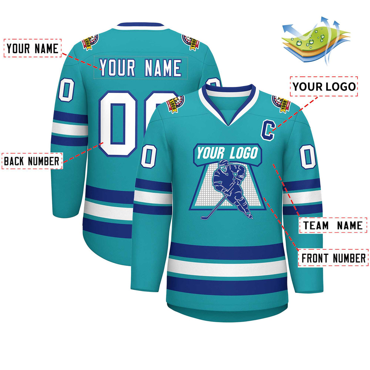 Custom Aqua White-Royal Classic Style Hockey Jersey Limited