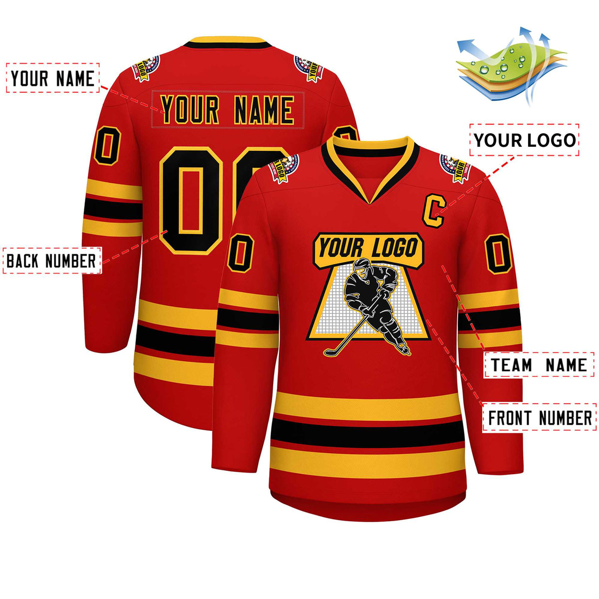 Custom Red Black-Gold Classic Style Hockey Jersey Limited