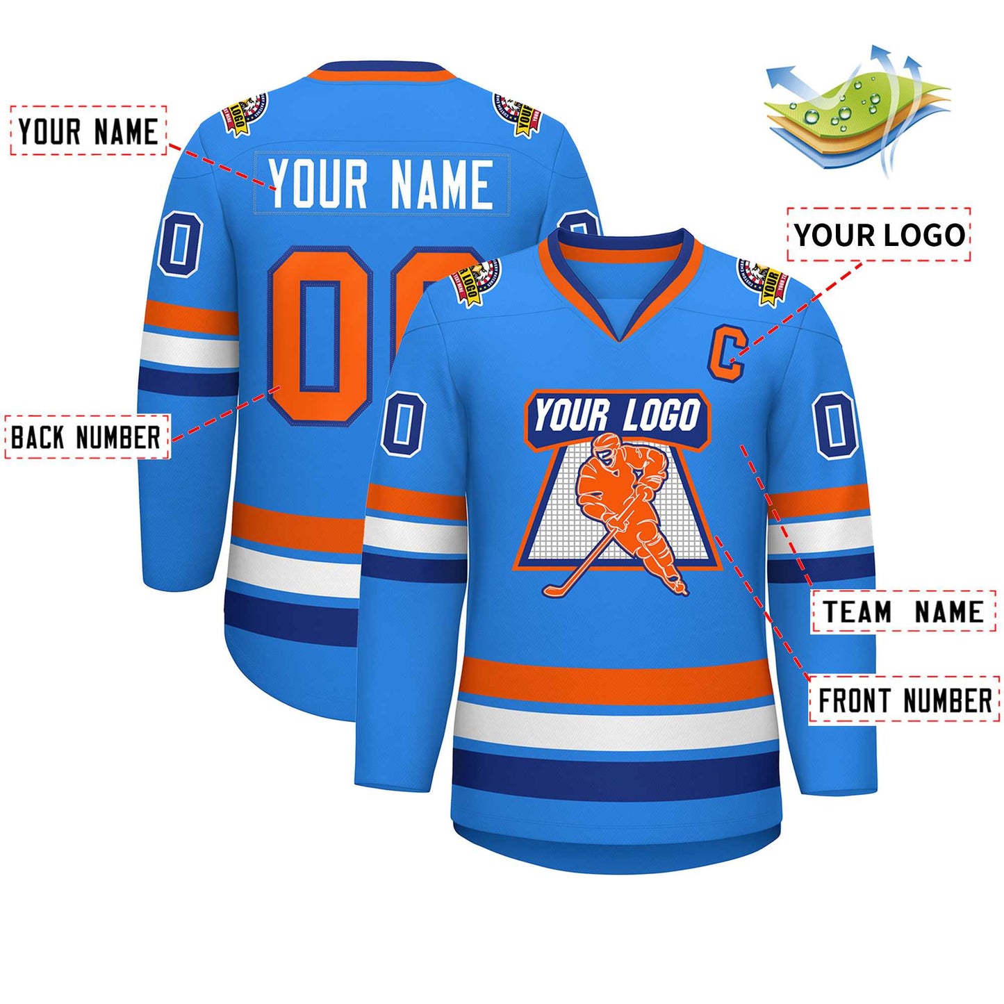 Custom Powder Blue Orange-Royal Classic Style Hockey Jersey Limited