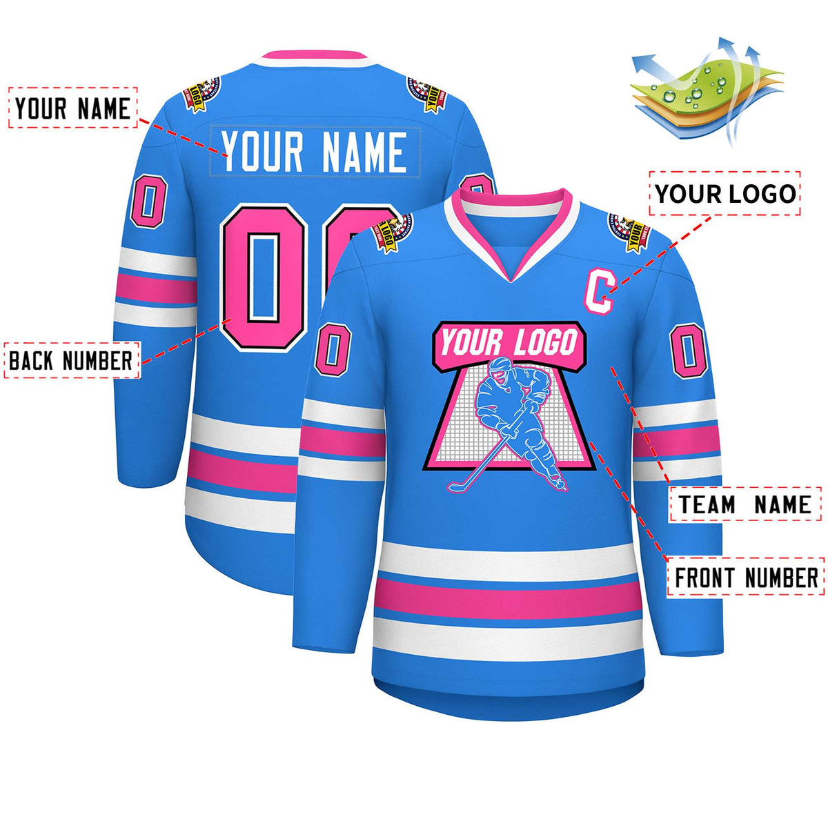 Custom Powder Blue Pink Black-White Classic Style Hockey Jersey Limited