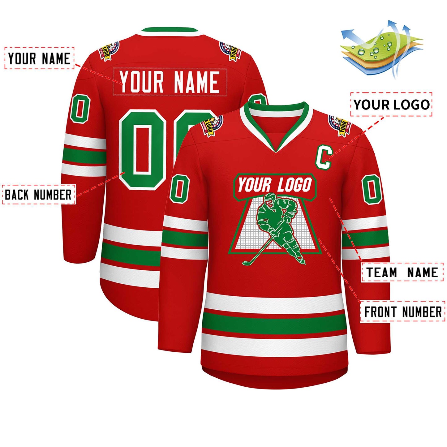 Custom Red Kelly Green-White Classic Style Hockey Jersey Limited