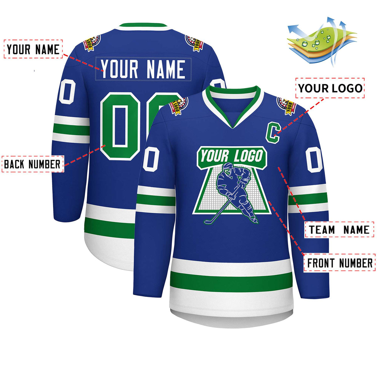 Custom Royal Kelly Green-White Classic Style Hockey Jersey Limited