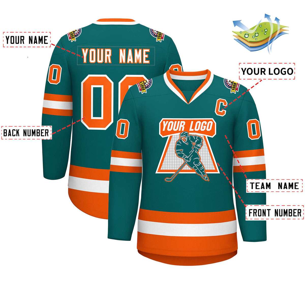 Custom Teal White-Orange Classic Style Hockey Jersey Limited