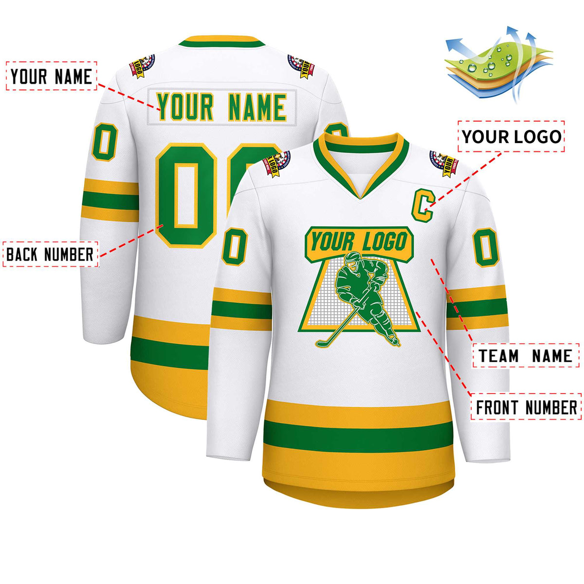 Custom White Kelly Green-Gold Classic Style Hockey Jersey Limited