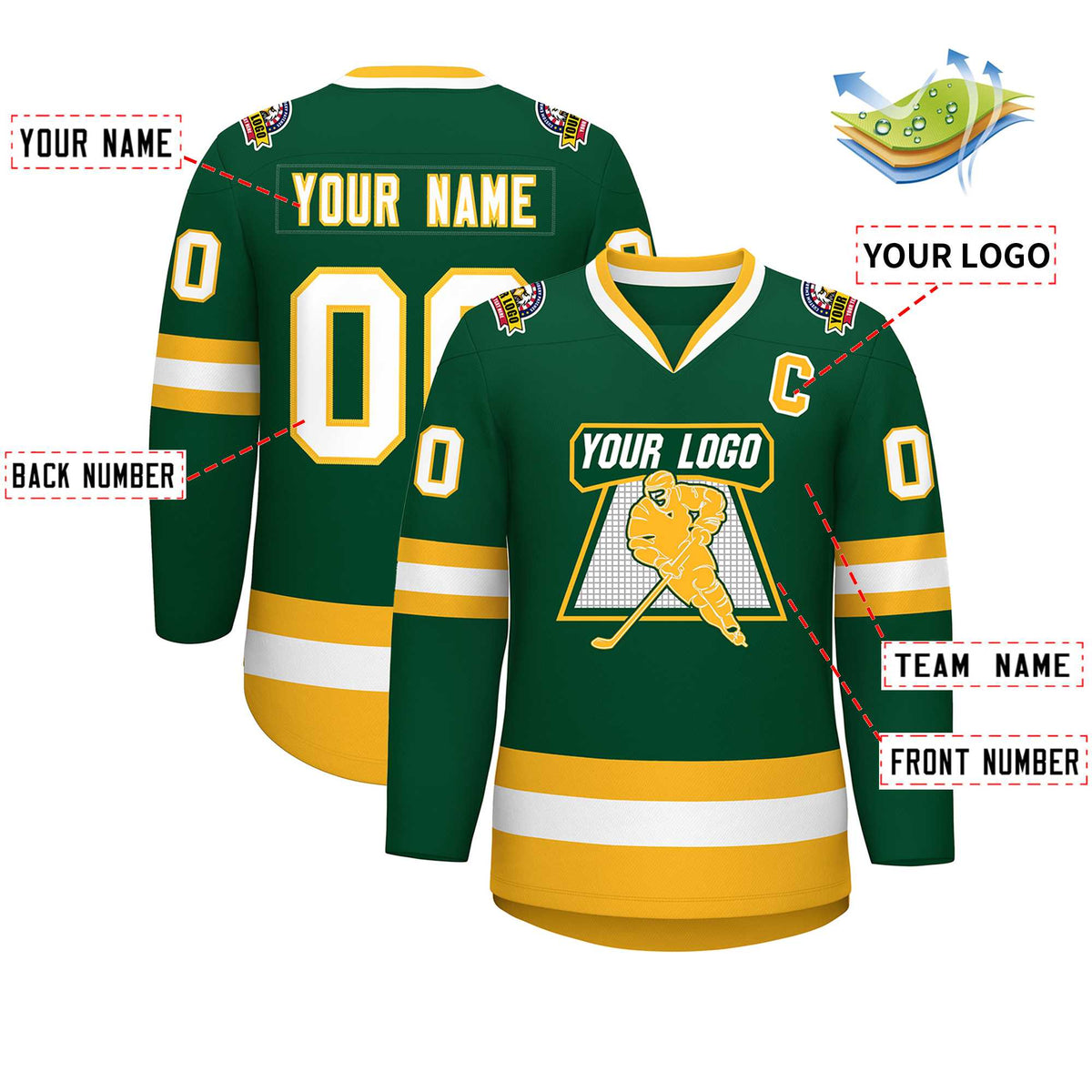 Custom Green White-Gold Classic Style Hockey Jersey Limited