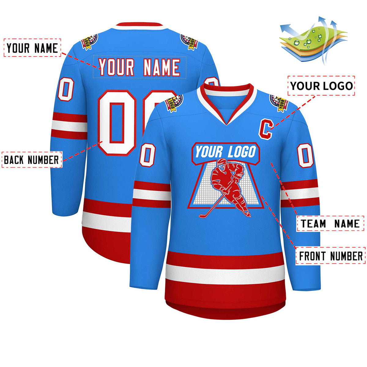 Custom Powder Blue White-Red Classic Style Hockey Jersey Limited