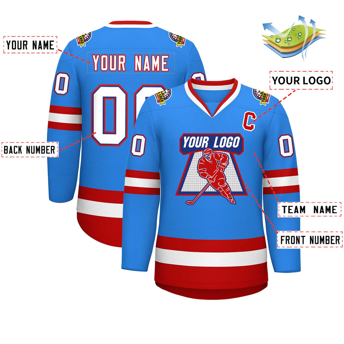 Custom Powder Blue White Royal-Red Classic Style Hockey Jersey Limited