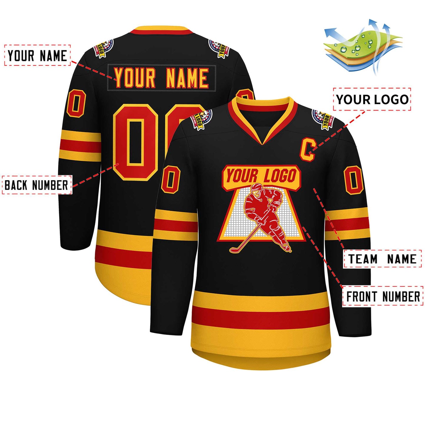 Custom Black Red-Gold Classic Style Hockey Jersey Limited
