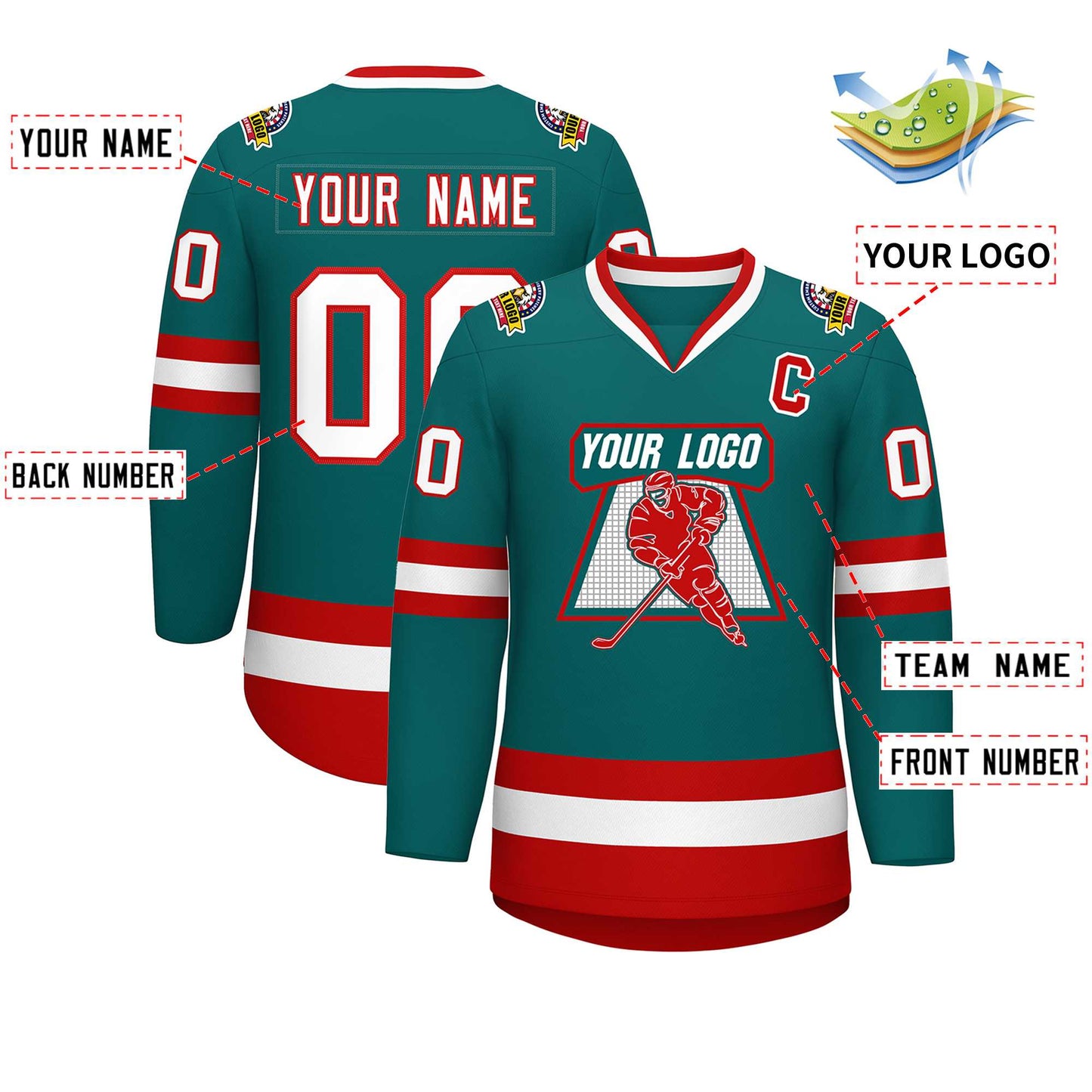 Custom Teal White-Red Classic Style Hockey Jersey Limited
