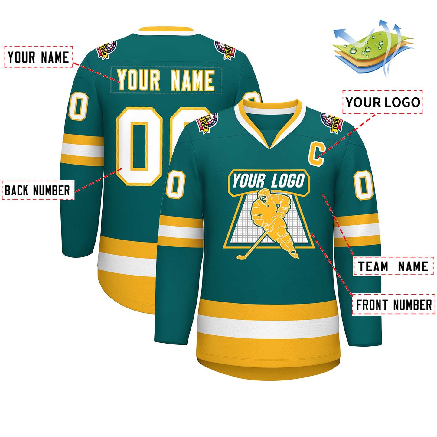 Custom Teal White-Gold Classic Style Hockey Jersey Limited