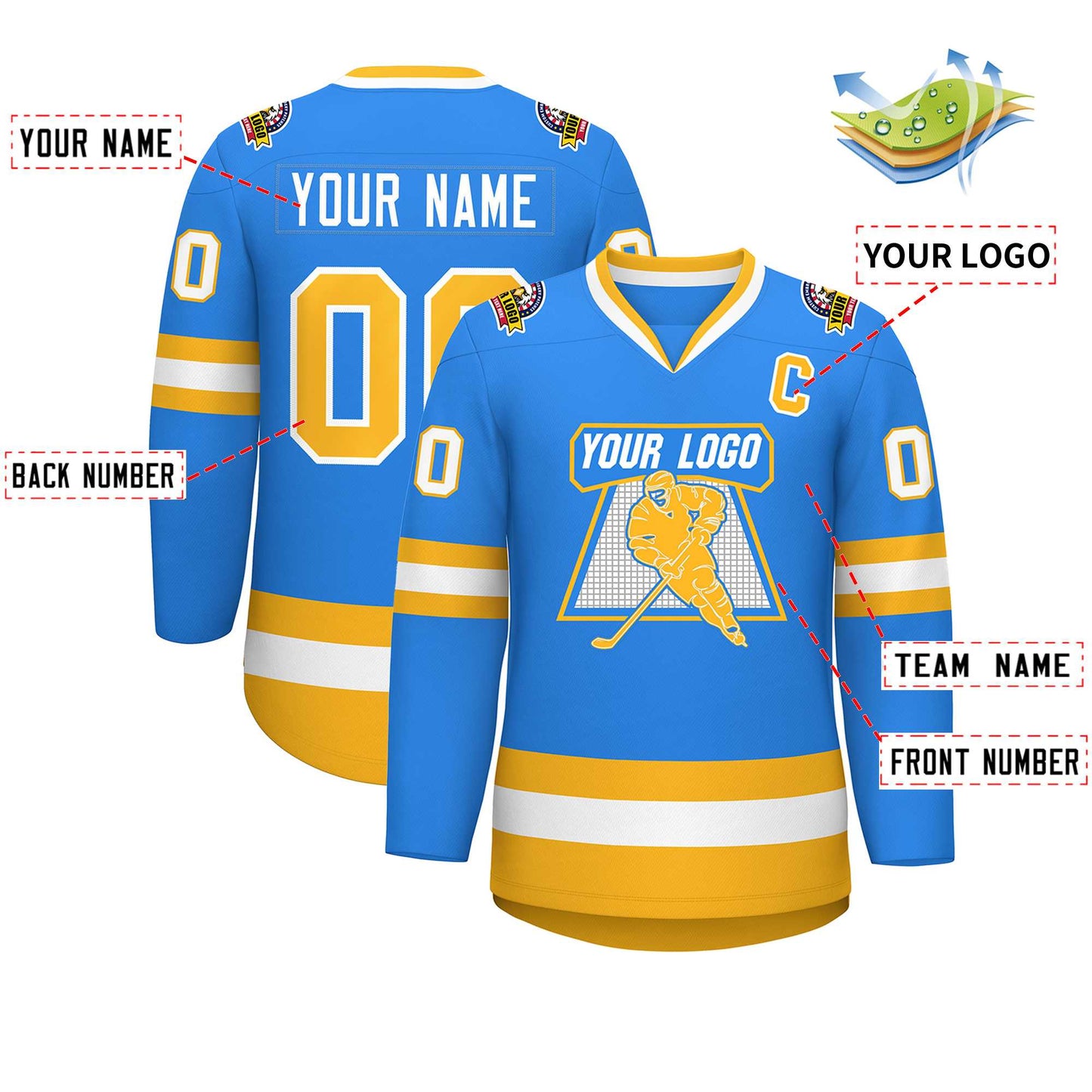 Custom Powder Blue Gold-White Classic Style Hockey Jersey Limited