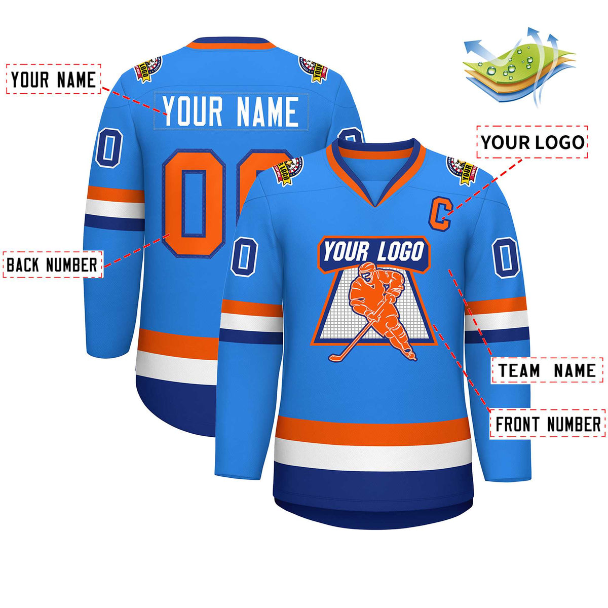 Custom Powder Blue Orange-Royal Classic Style Hockey Jersey Limited