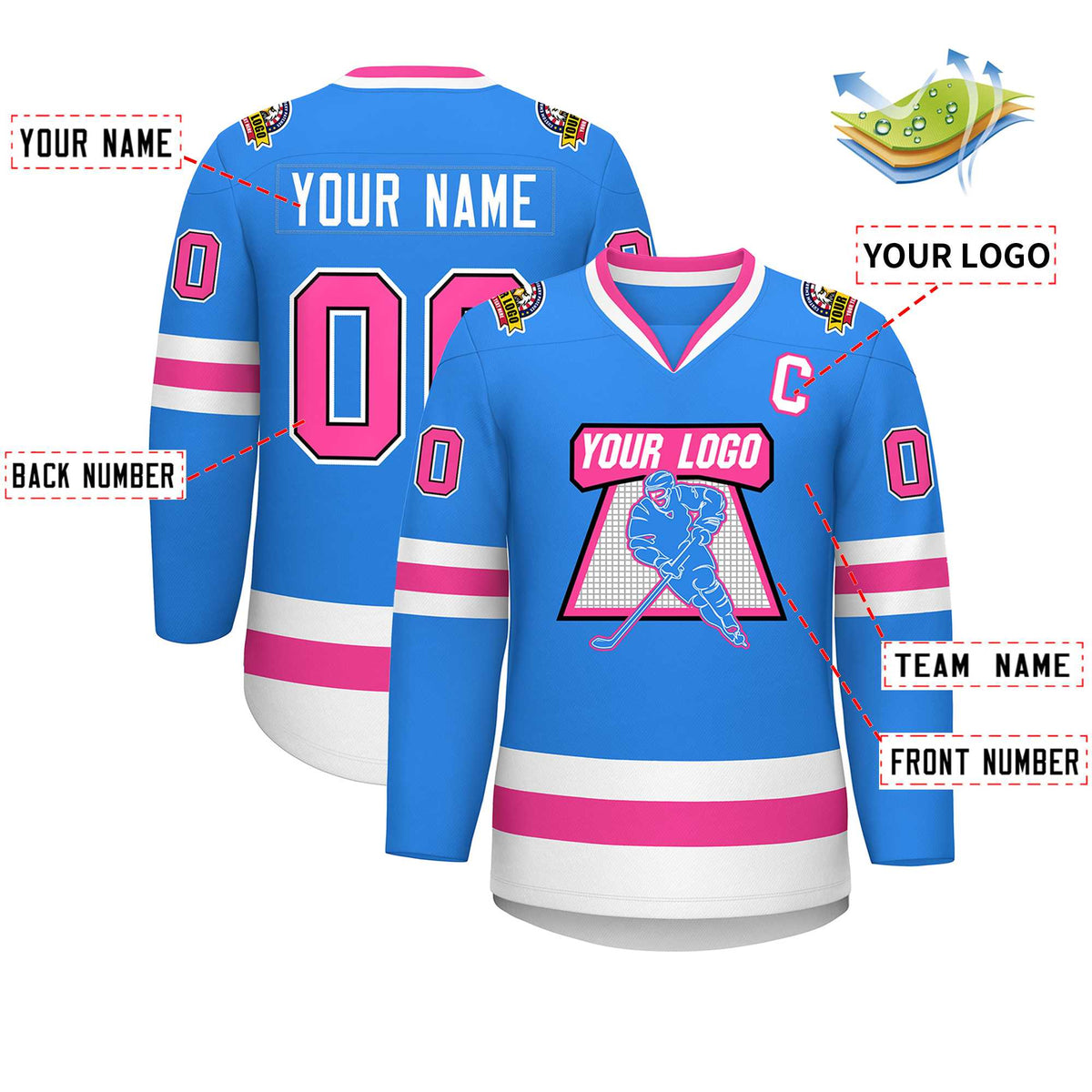 Custom Powder Blue Pink Black-White Classic Style Hockey Jersey Limited