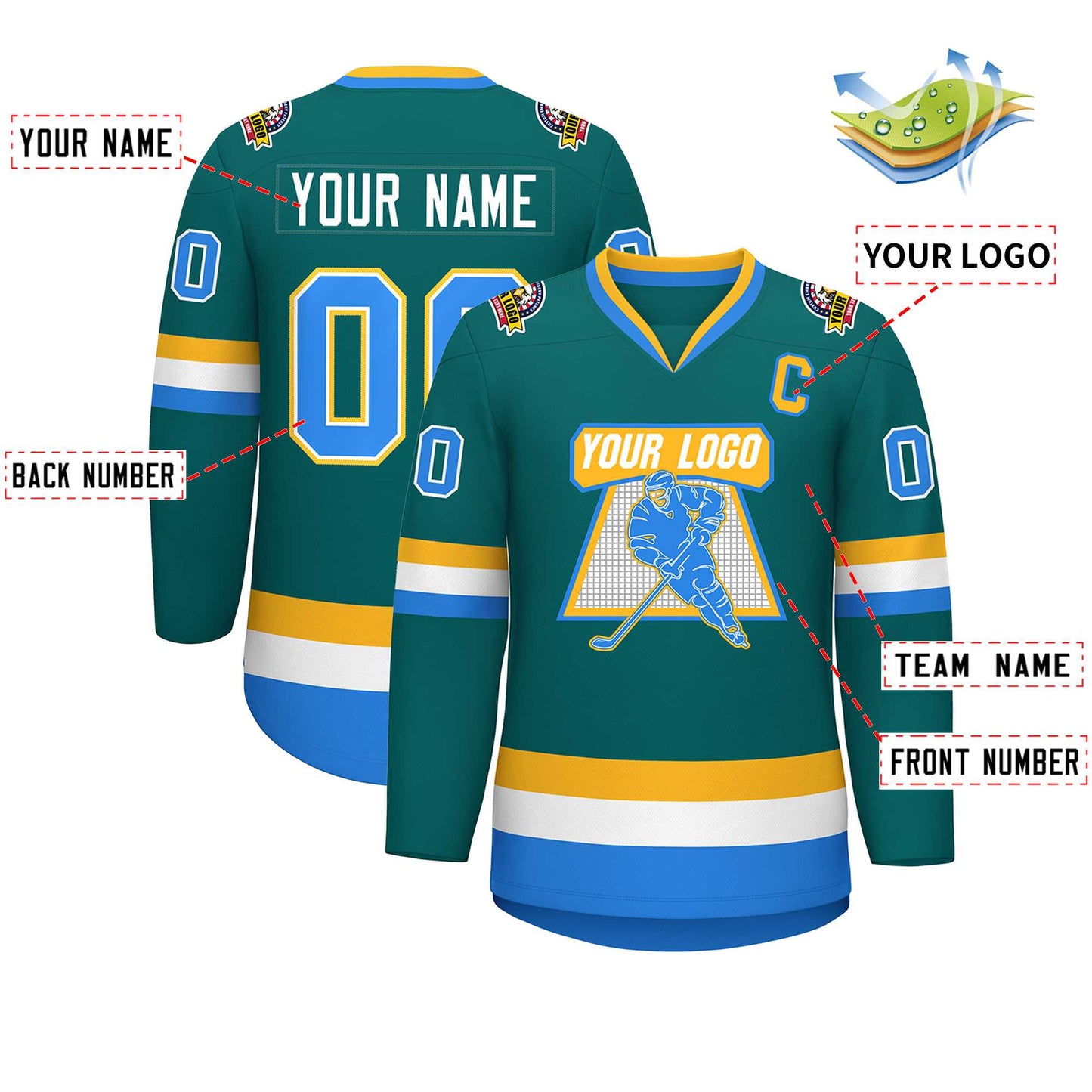 Custom Teal Powder Blue White-Gold Classic Style Hockey Jersey Limited