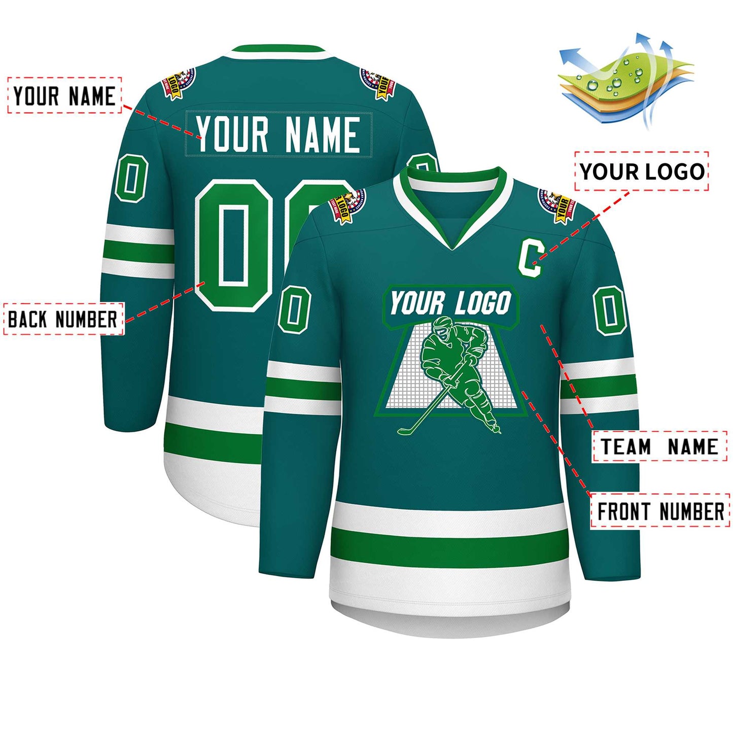 Custom Teal Kelly Green-White Classic Style Hockey Jersey Limited