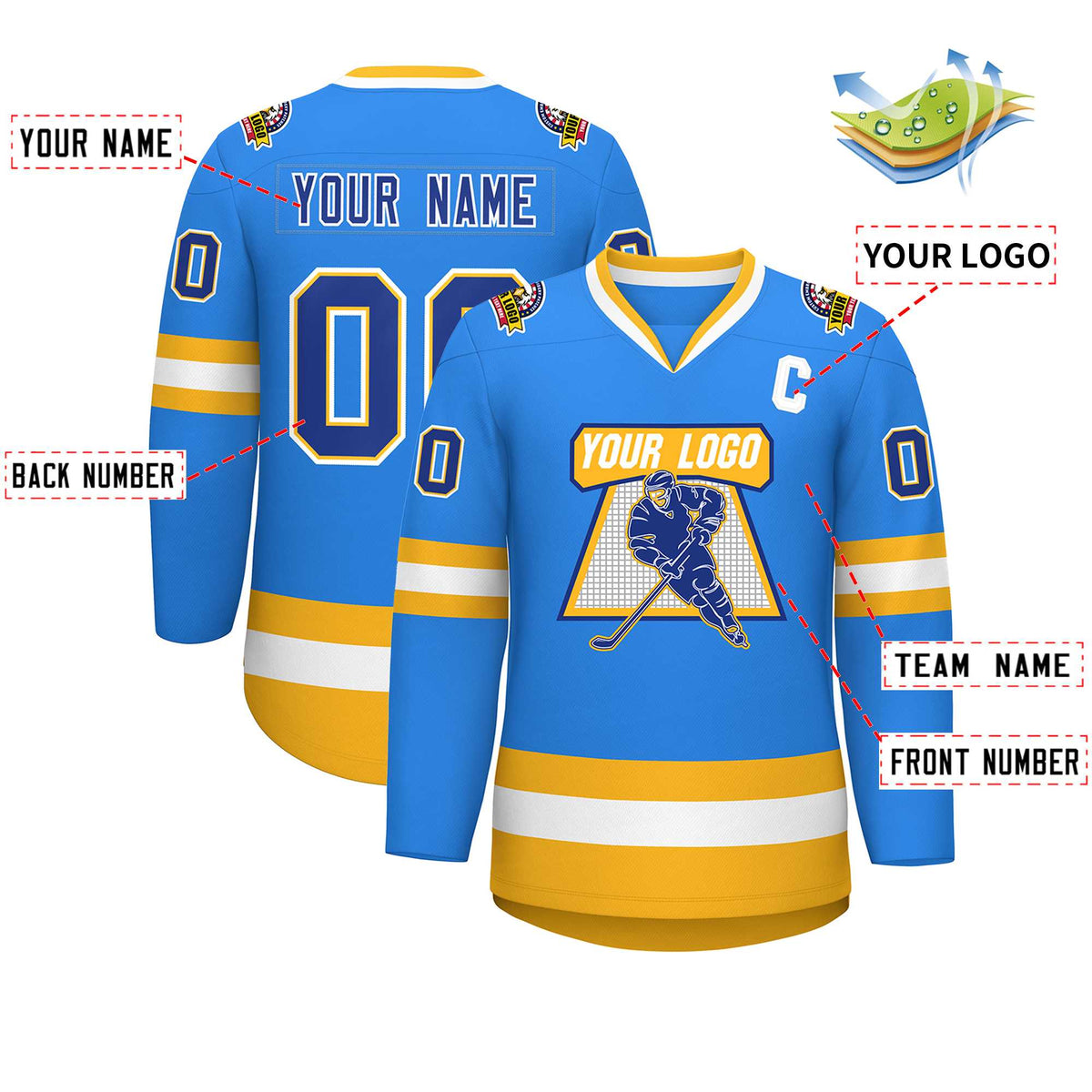 Custom Powder Blue Royal Gold-White Classic Style Hockey Jersey Limited