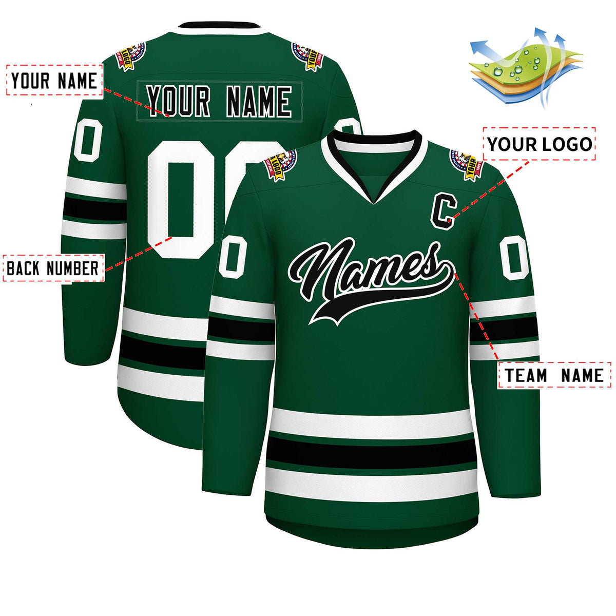 Custom Green Black-White Classic Style Hockey Jersey Limited
