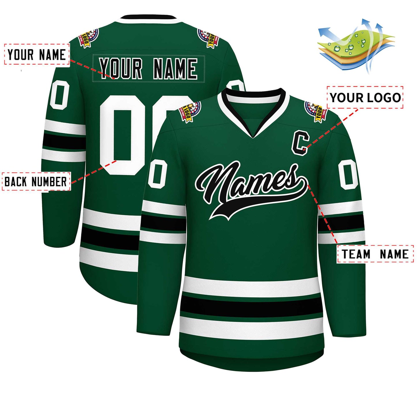 Custom Green Black-White Classic Style Hockey Jersey Limited