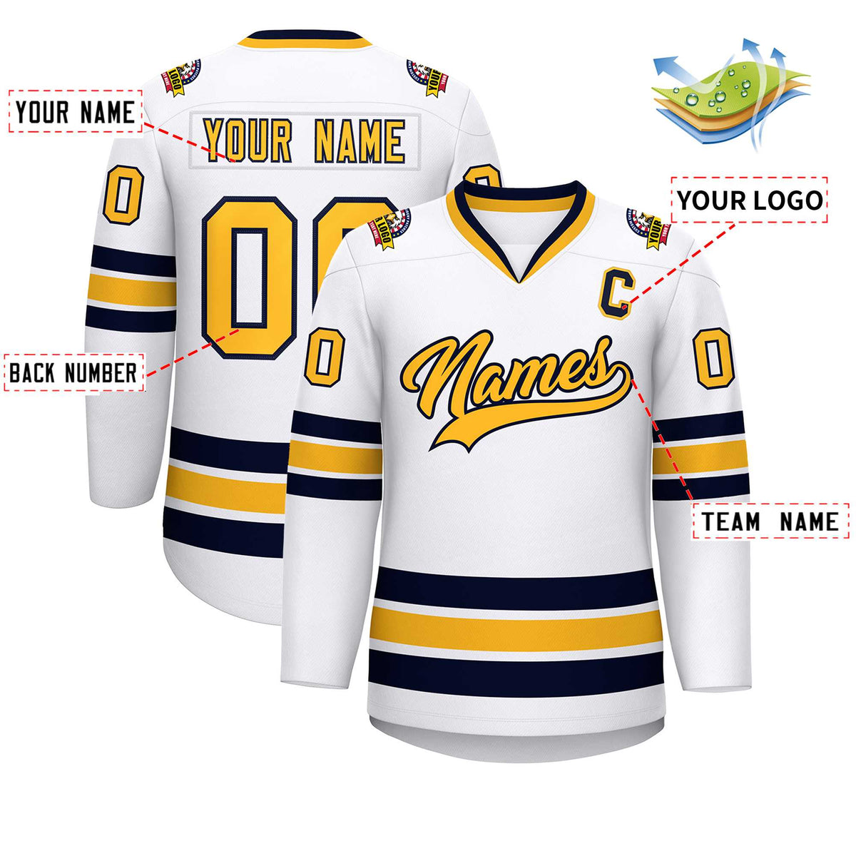 Custom White Gold-Navy Classic Style Hockey Jersey Limited