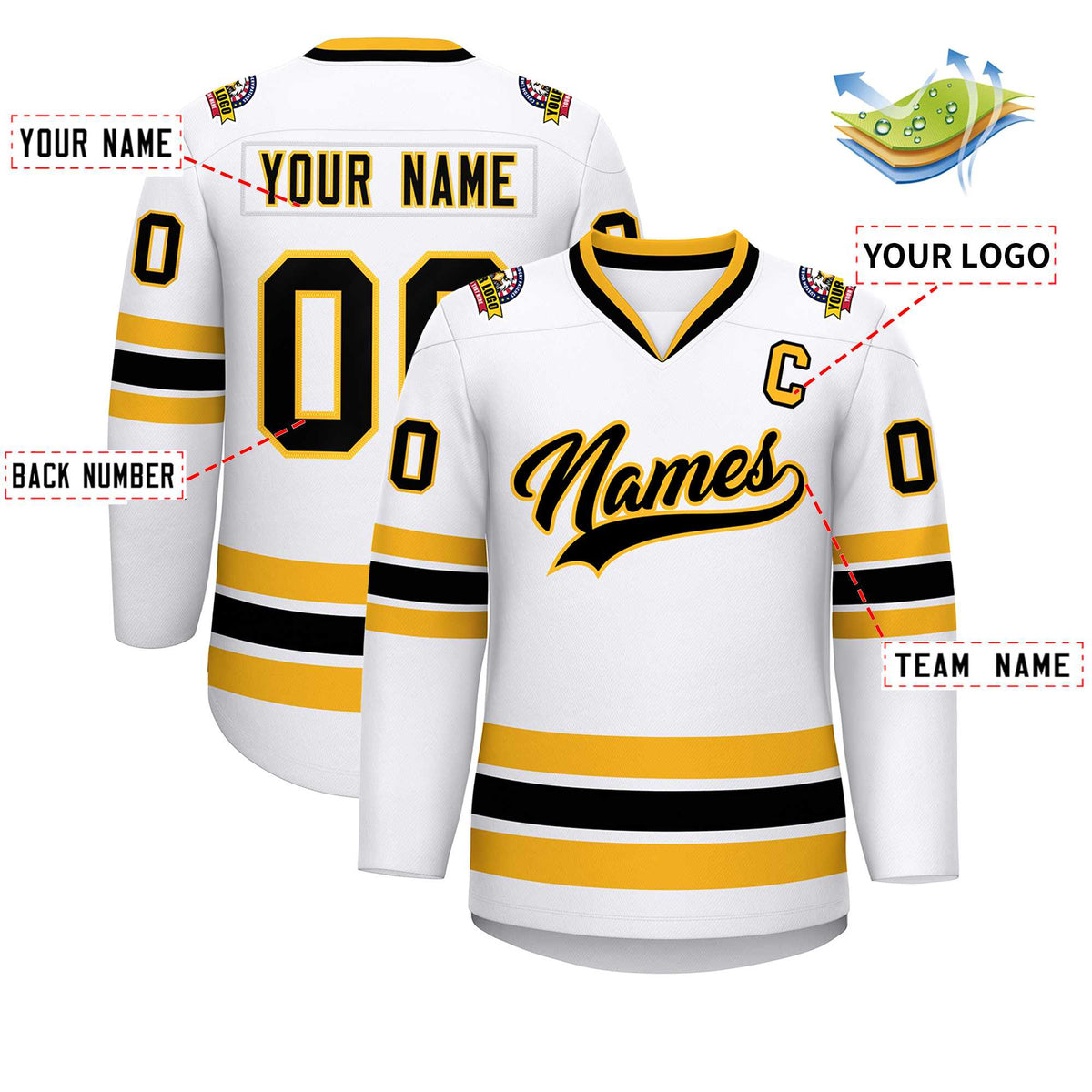 Custom White Black-Gold Classic Style Hockey Jersey Limited