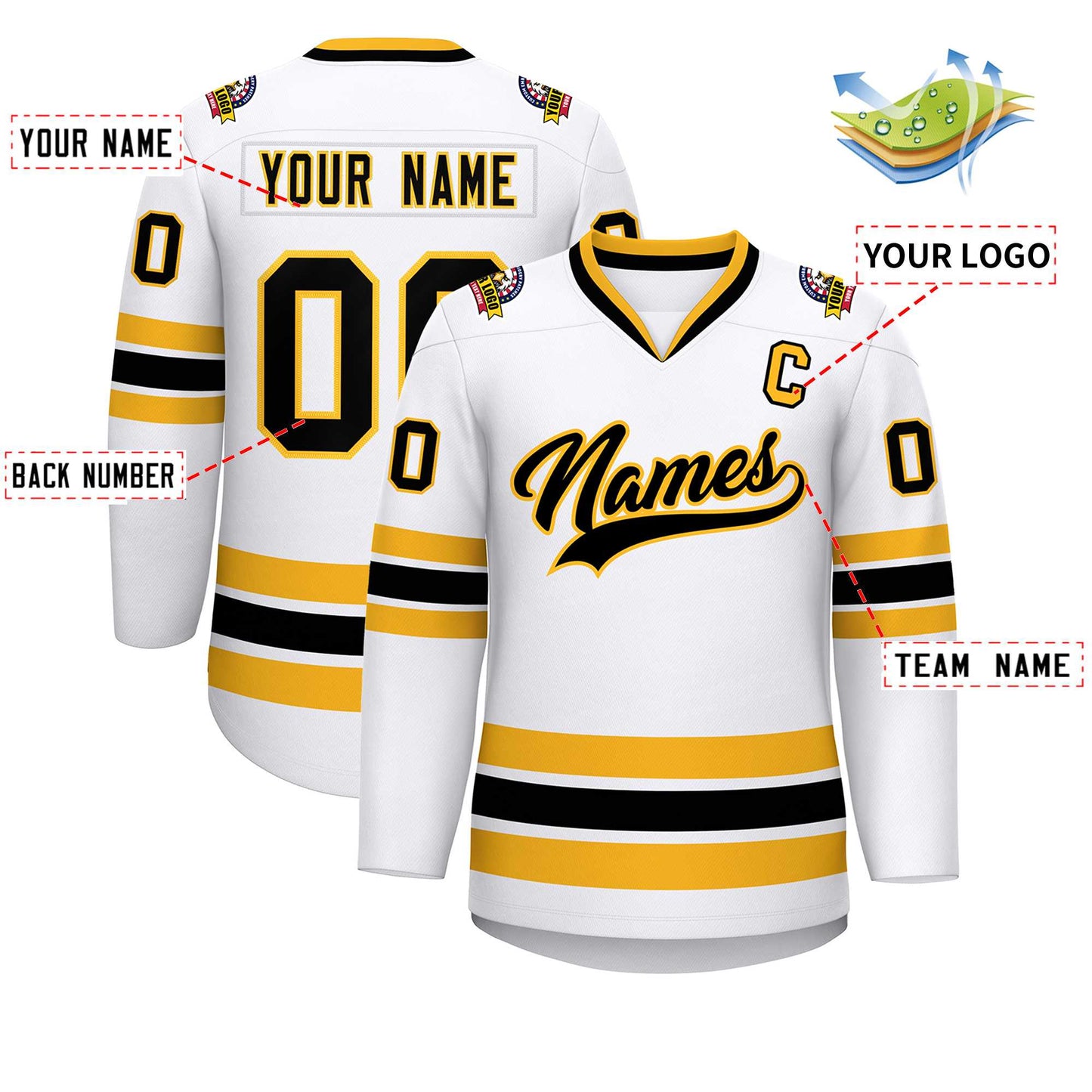 Custom White Black-Gold Classic Style Hockey Jersey Limited