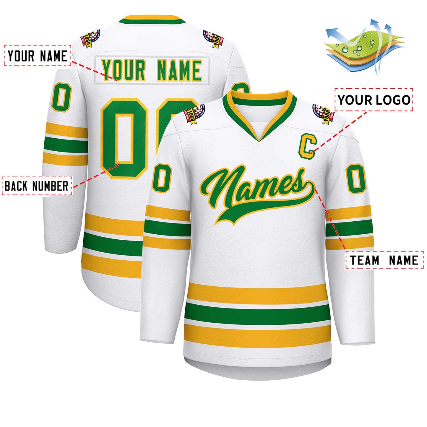 Custom White Kelly Green-Gold Classic Style Hockey Jersey Limited