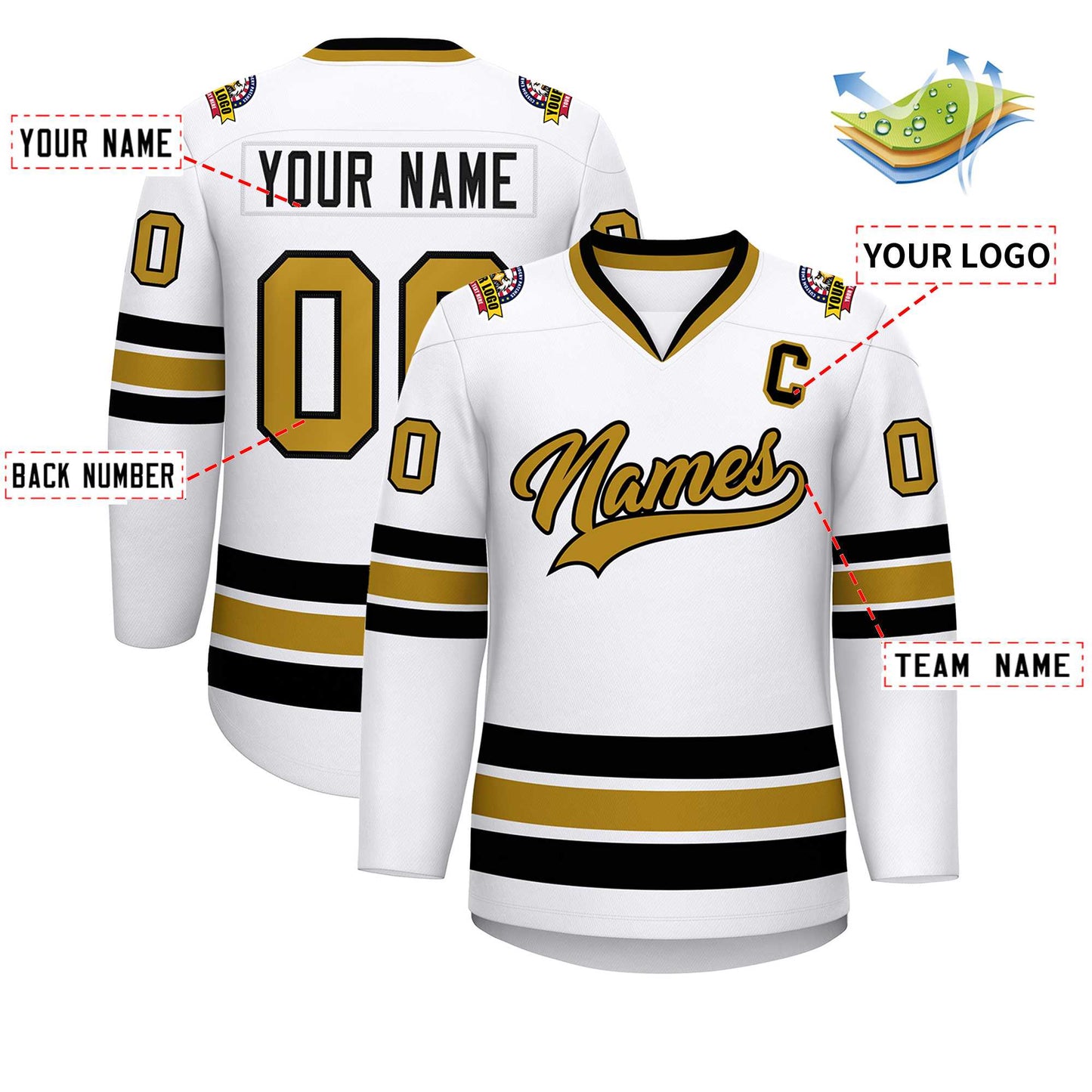 Custom White Old Gold-Black Classic Style Hockey Jersey Limited