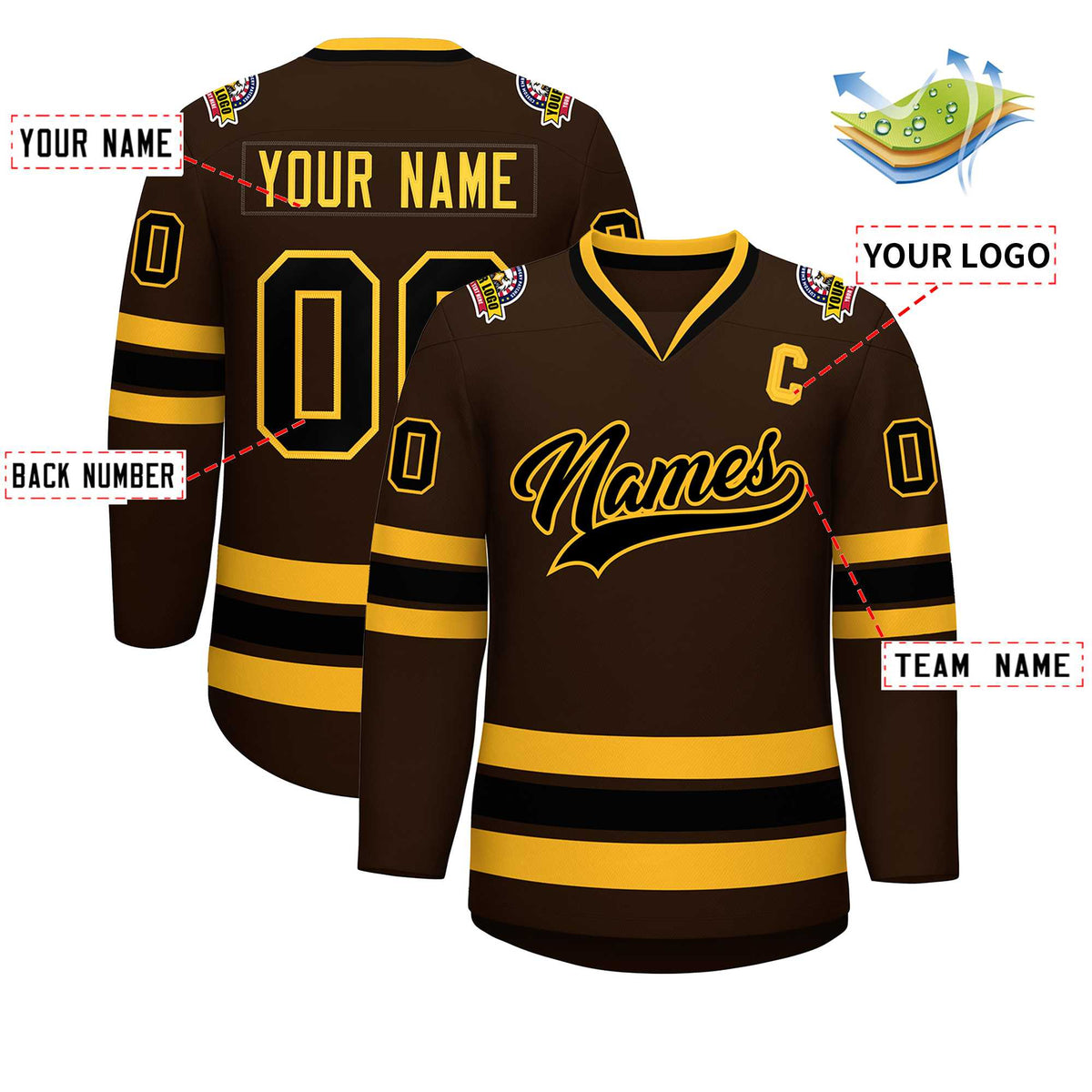 Custom Brown Black-Gold Classic Style Hockey Jersey Limited