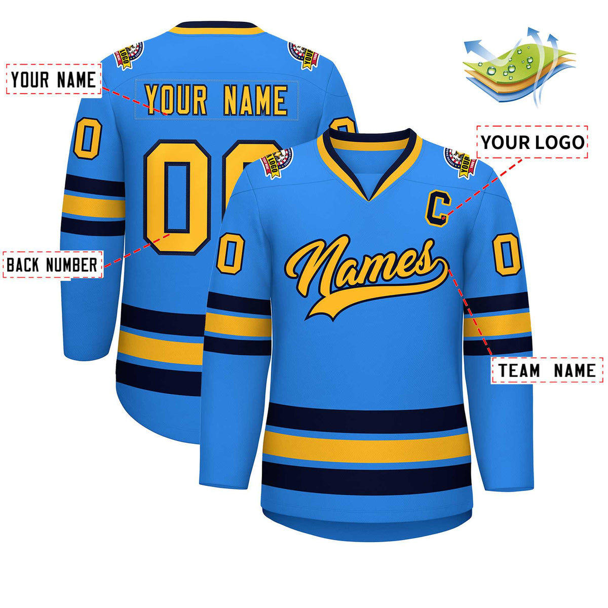 Custom Powder Blue Gold-Navy Classic Style Hockey Jersey Limited