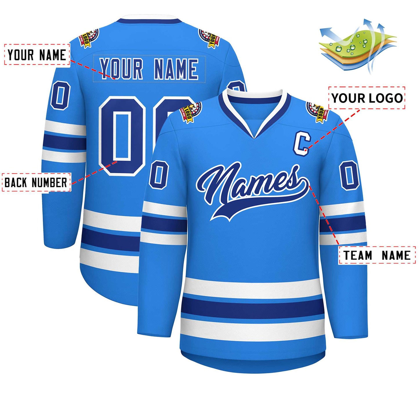 Custom Powder Blue Royal-White Classic Style Hockey Jersey Limited
