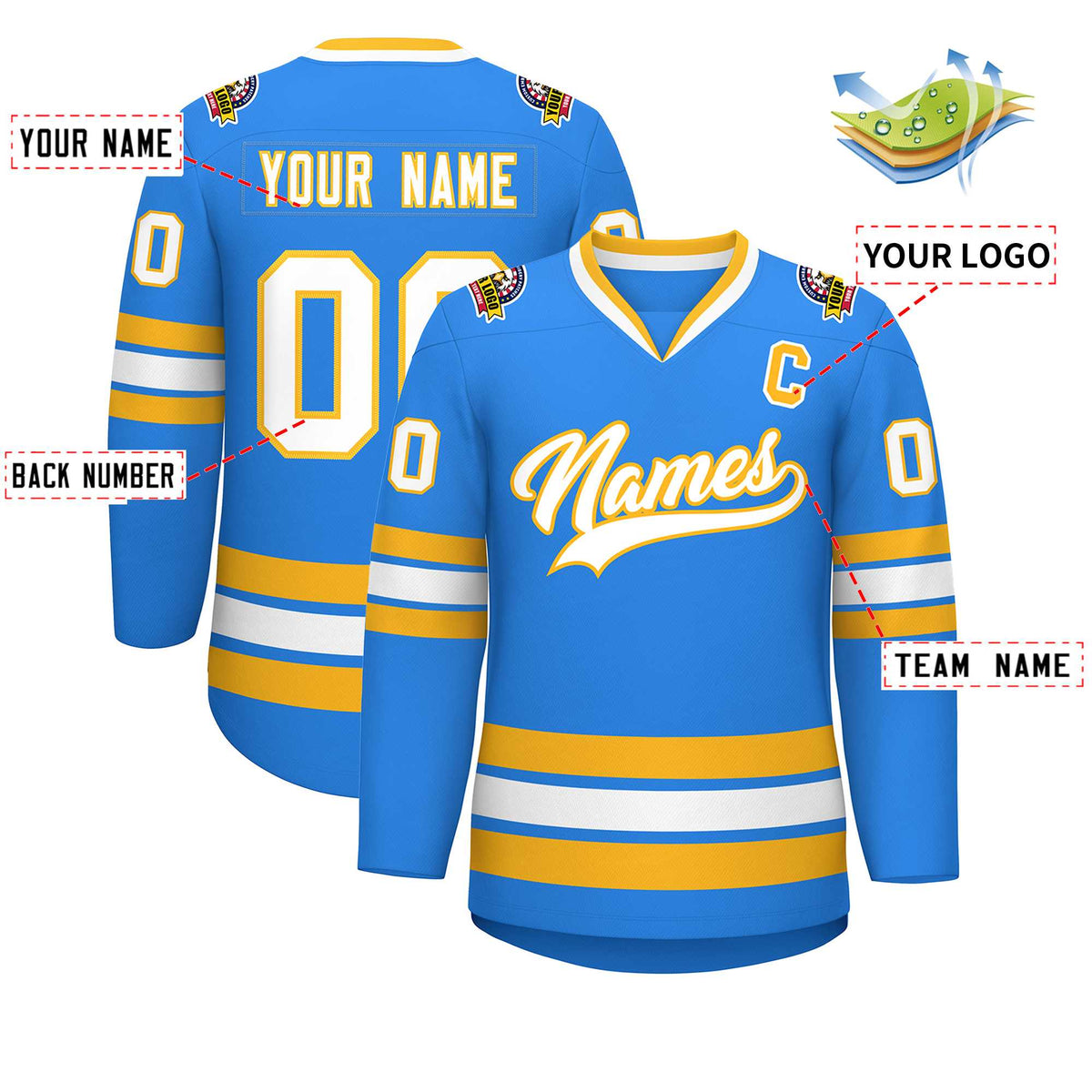 Custom Powder Blue White-Gold Classic Style Hockey Jersey Limited