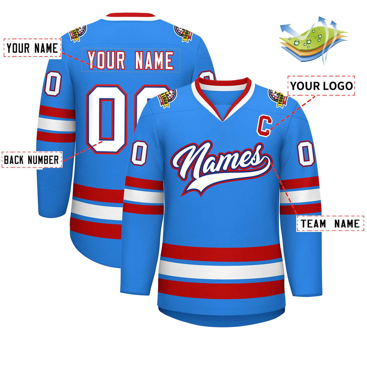 Custom Powder Blue White Royal-Red Classic Style Hockey Jersey Limited