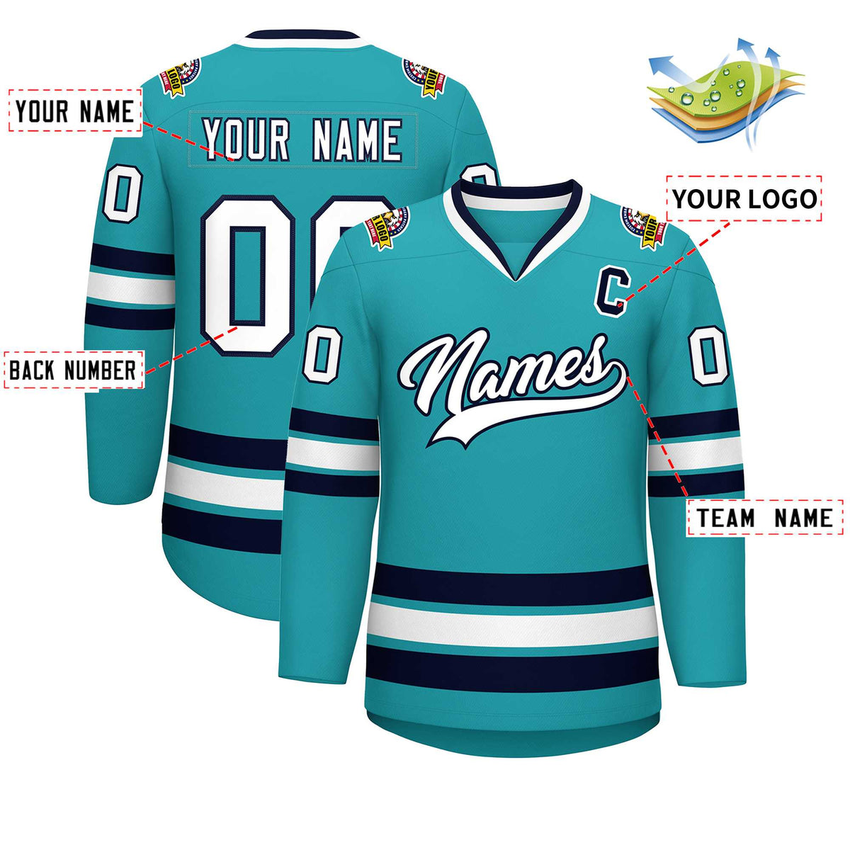Custom Aqua White-Navy Classic Style Hockey Jersey Limited
