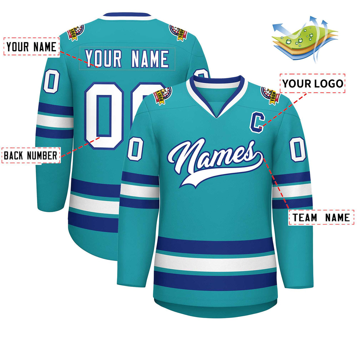 Custom Aqua White-Royal Classic Style Hockey Jersey Limited