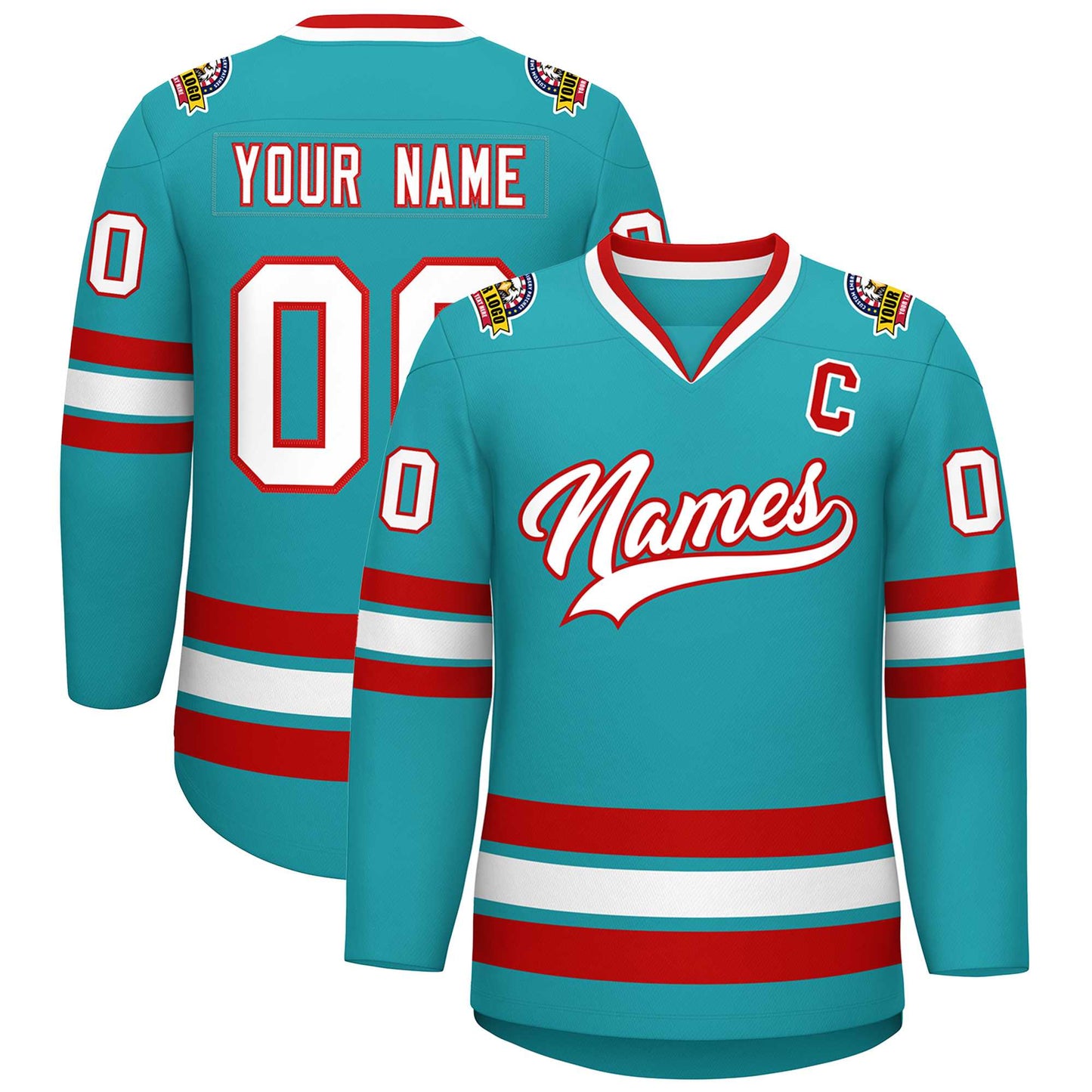 Custom Aqua White-Red Classic Style Hockey Jersey