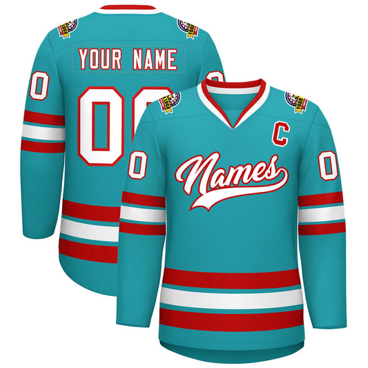 Custom Aqua White-Red Classic Style Hockey Jersey
