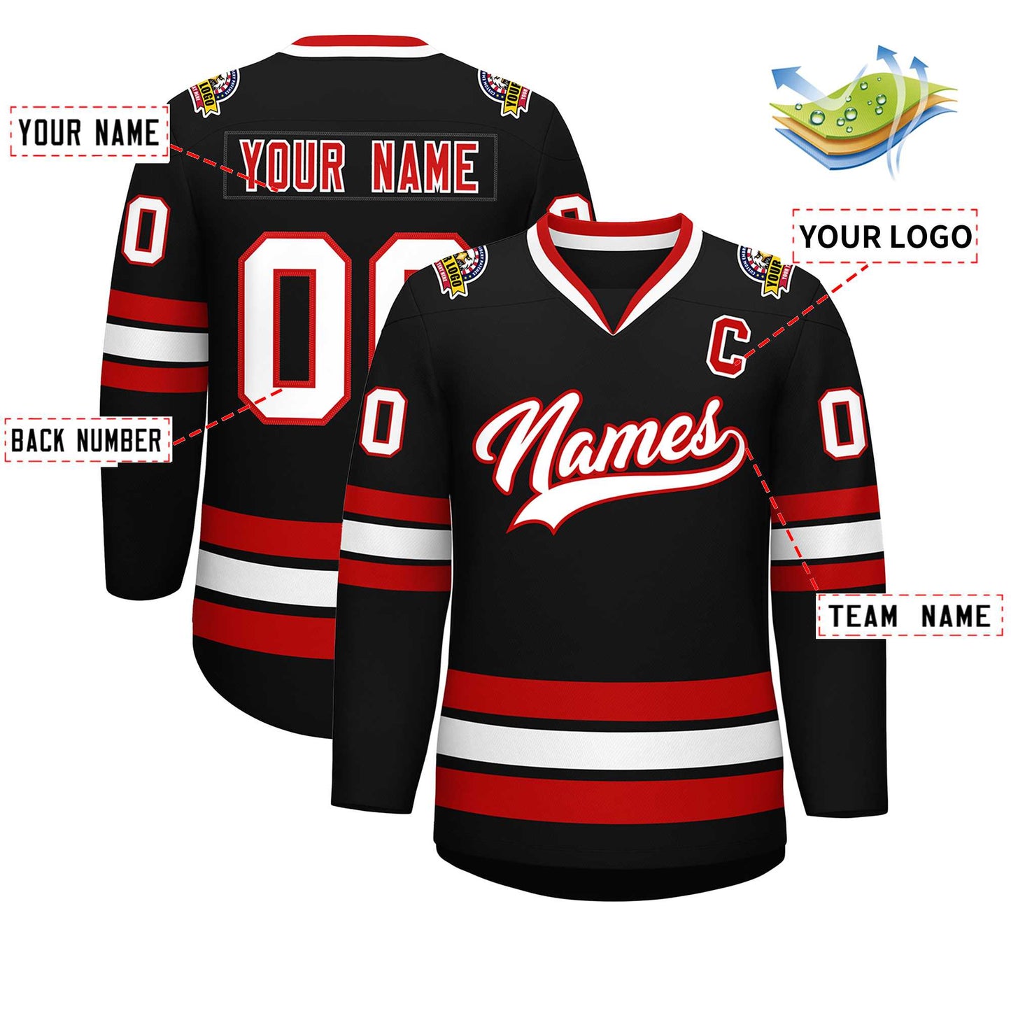 Custom Black White-Red Classic Style Hockey Jersey Limited